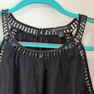 INC International Concepts Black Beaded Sleeveless Tank with Lattice Yoke